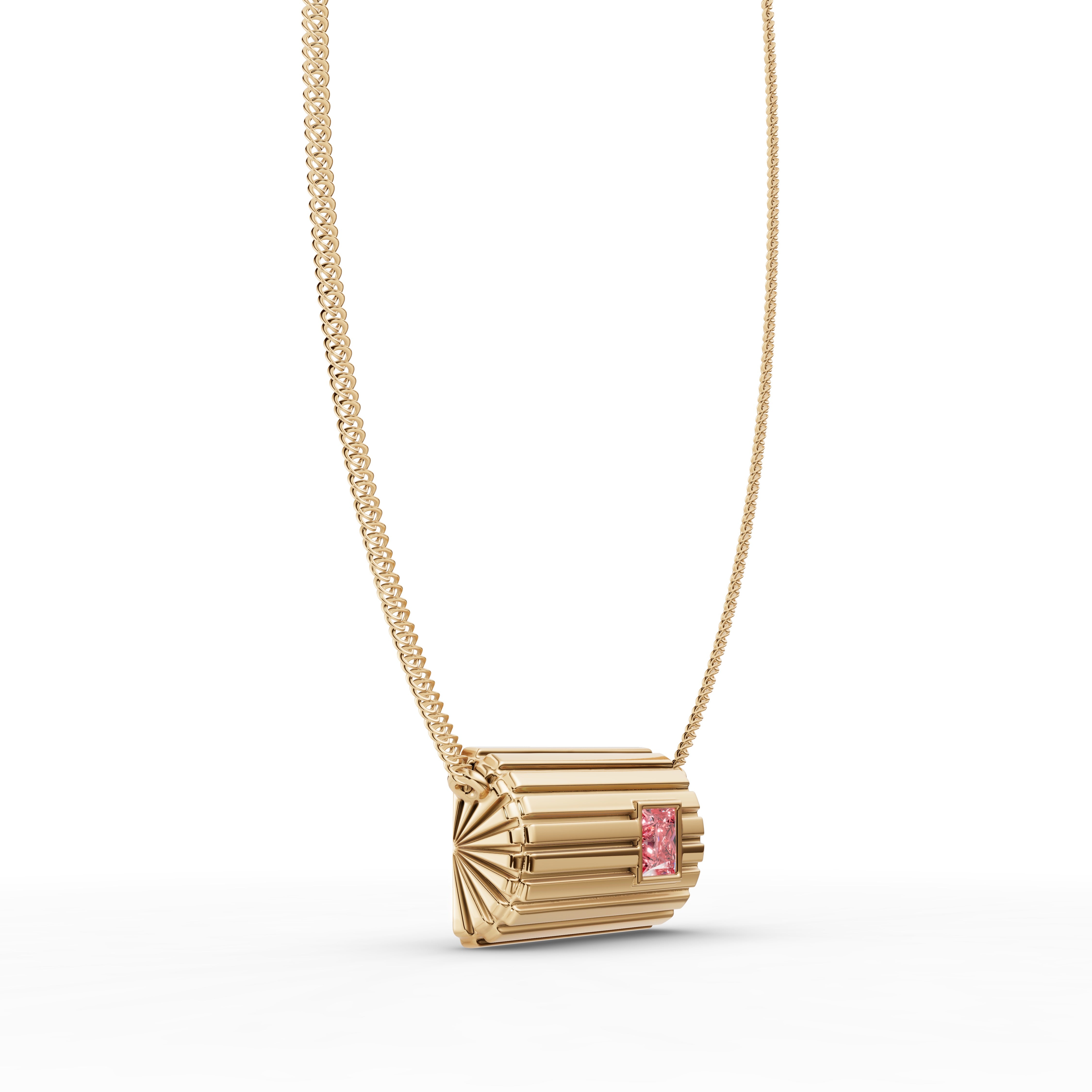 Lettre Douce Necklace with Pink Tourmaline, angled close-up of the fluted pendant #Gemstone_Pink Tourmaline