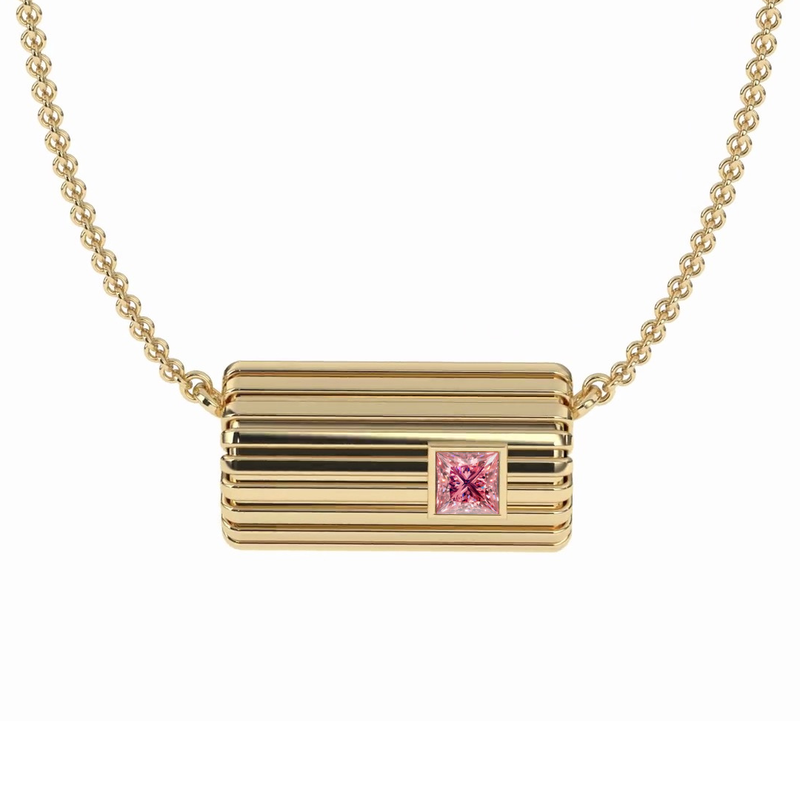 Lettre Douce solid 18k yellow gold necklace pendant with princess-cut pink sapphire in a flush low-profile bezel, front view #Gemstone_Pink Sapphire