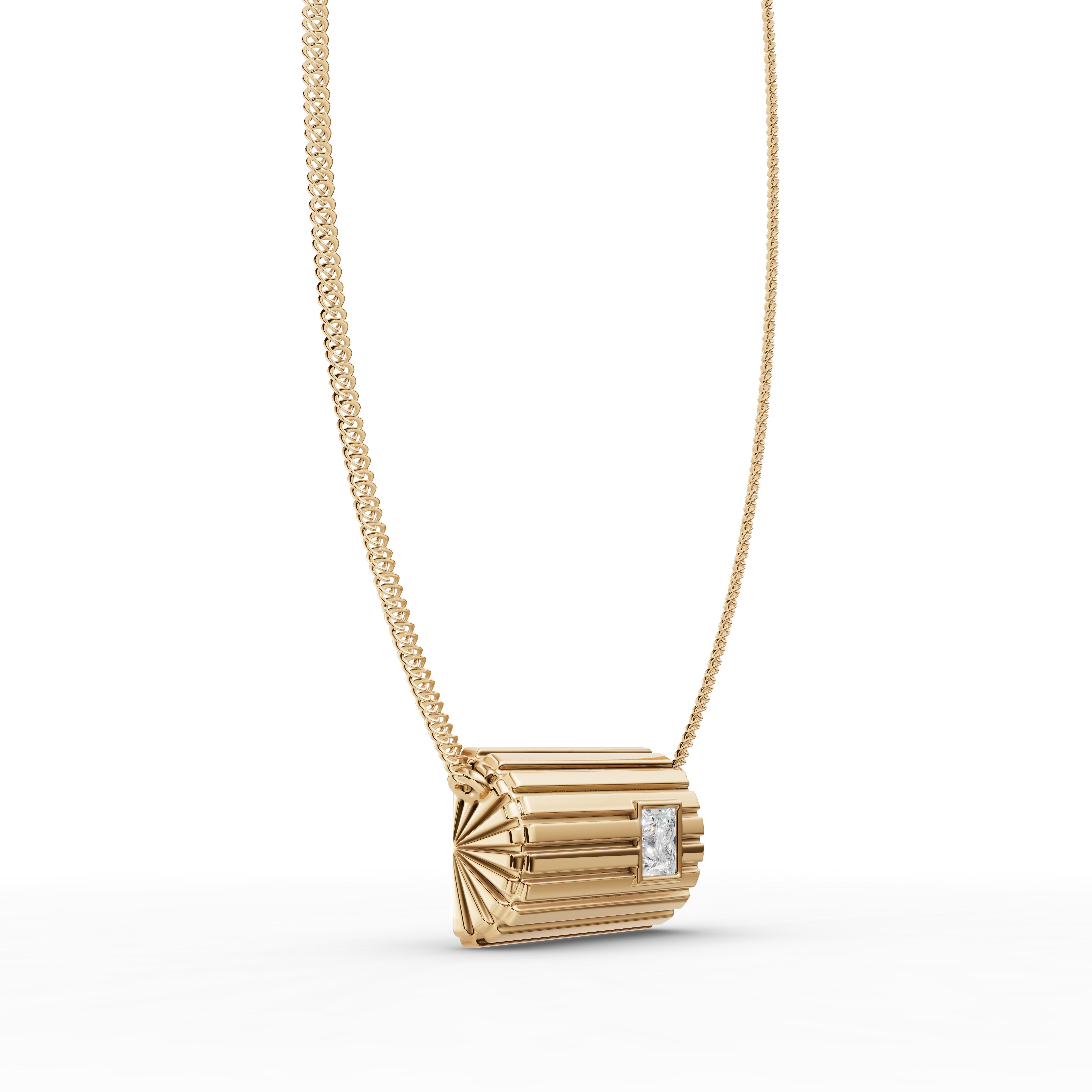 Lettre Douce Necklace with Diamond, angled close-up of the fluted pendant #Gemstone_Diamond