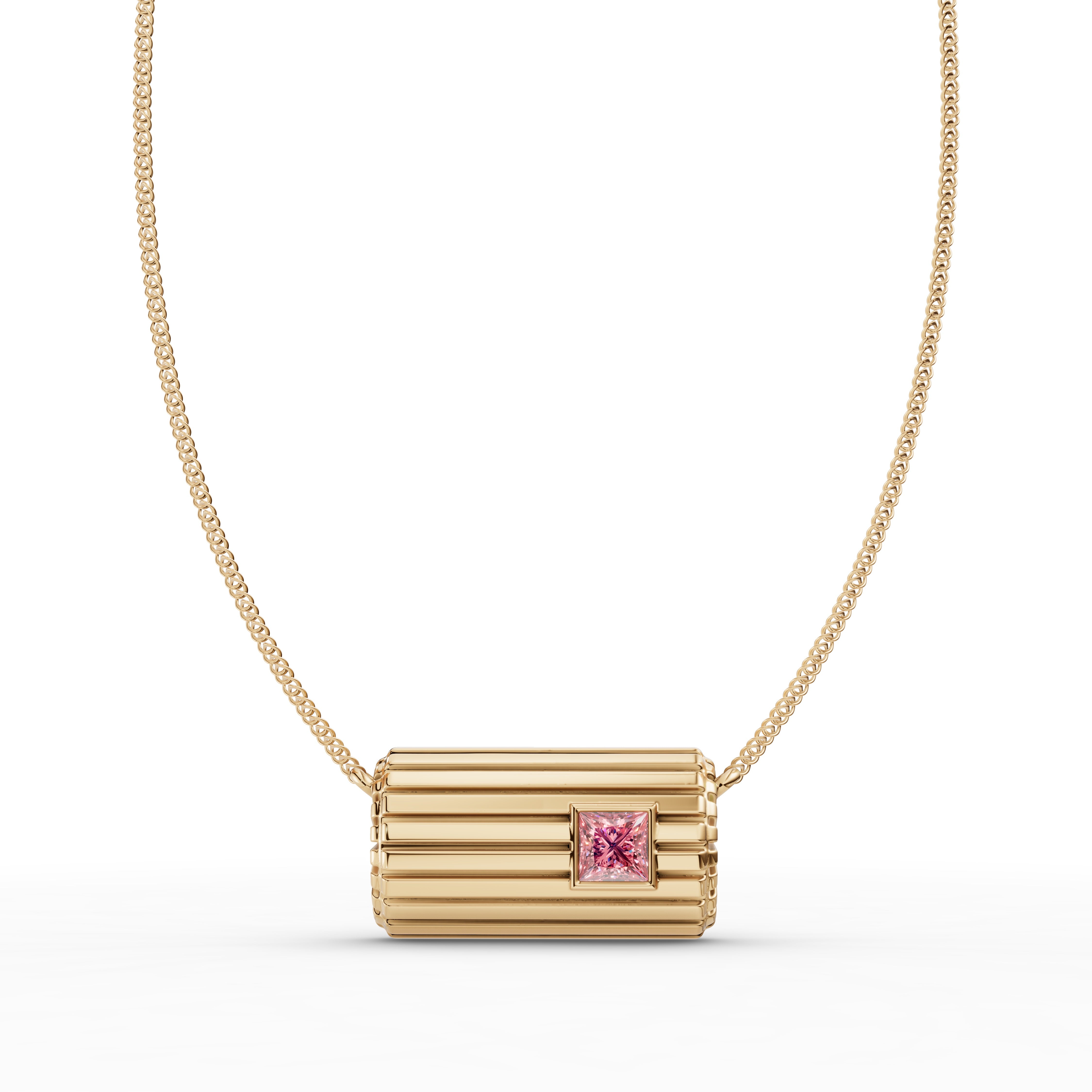 Lettre Douce Necklace with Pink Tourmaline, full chain and pendant laid flat #Gemstone_Pink Tourmaline